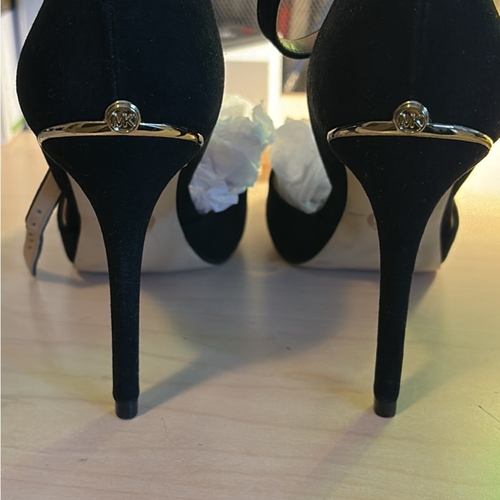 Michael Kors Black Suede Stiletto Heels with Gold Trim